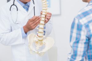 doctor holding a model of the spine and talking to the patient